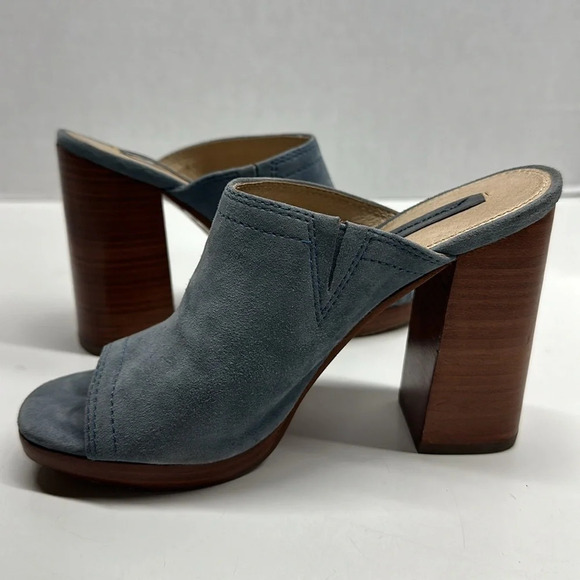 Frye Karissa Suede Mule Open Toe Slip On High Heel Sandal Shoe Blue Brown Size 6 - Picture 5 of 10